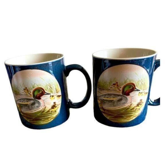 VINTAGE Otagiri Japan Pair of Bkue Ceramic Duck Coffee Tea Cup Mug - 12oz - Picture 1 of 5
